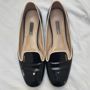 Prada Women's Black and Cream Patent Leather Loafers